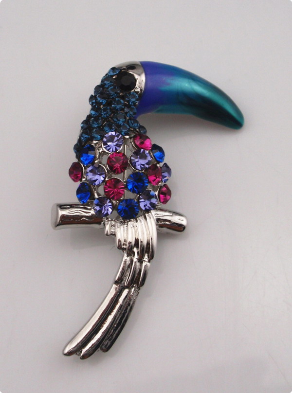 Rhinestones and color enamel woodpecker brooch